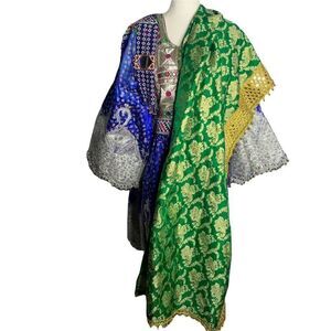 Traditional Handmade Afghan Kuchi Dress S Blue Beaded Embroidered Mirror Bells